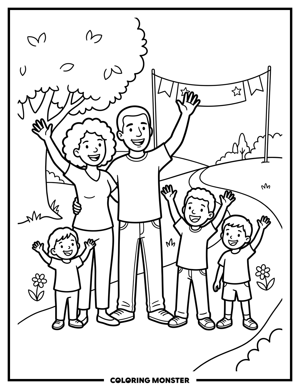 Joyful Family Waving in Park Coloring Page