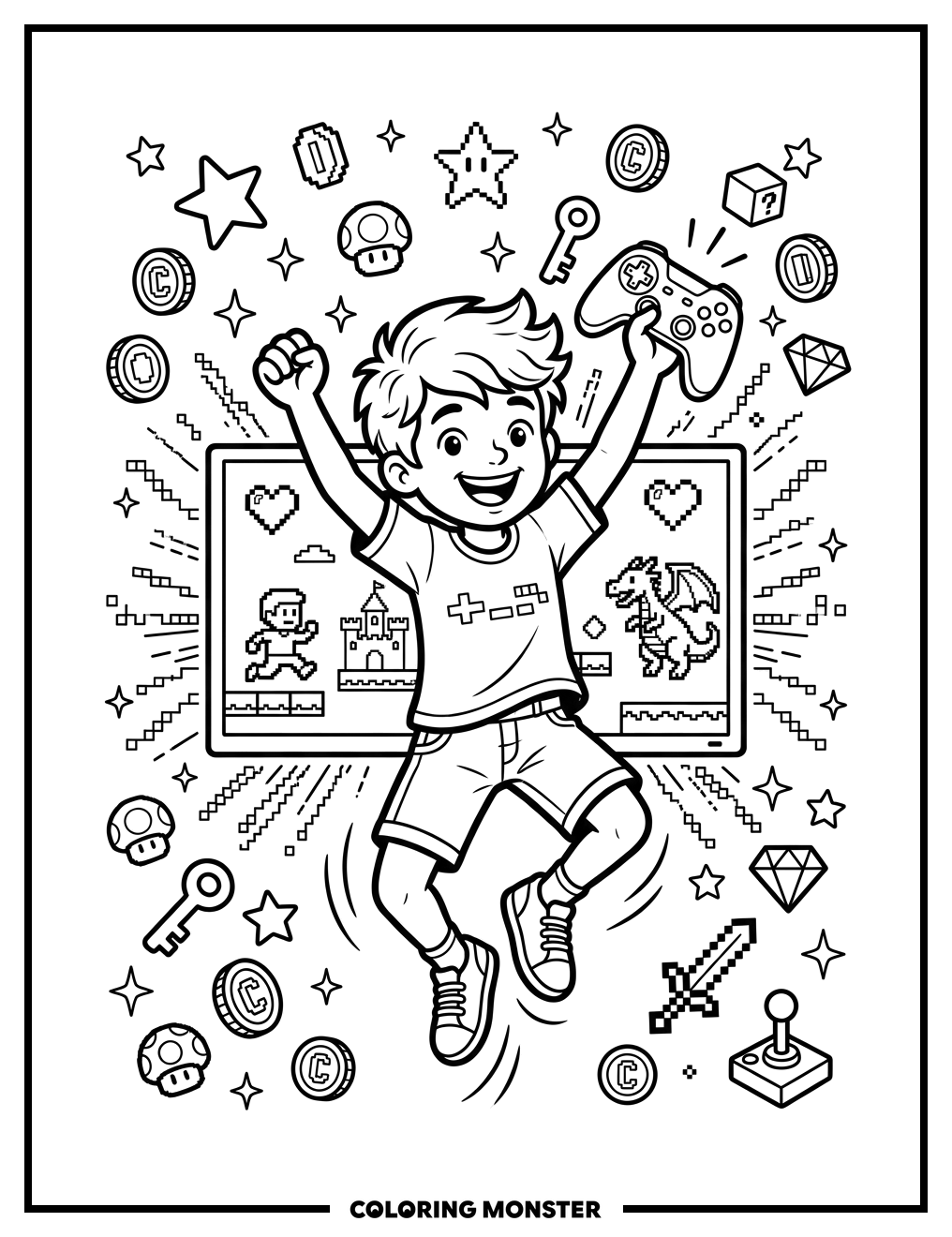 Joyful Gamer Boy With Controller Coloring Page