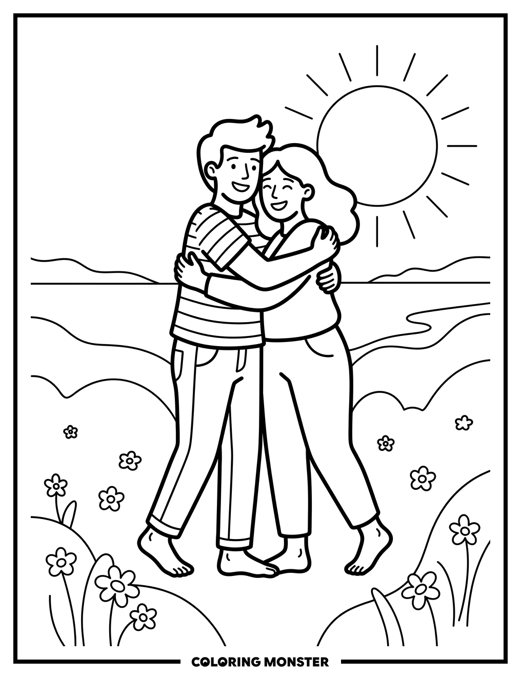 Joyful Hug in Meadow Coloring Page