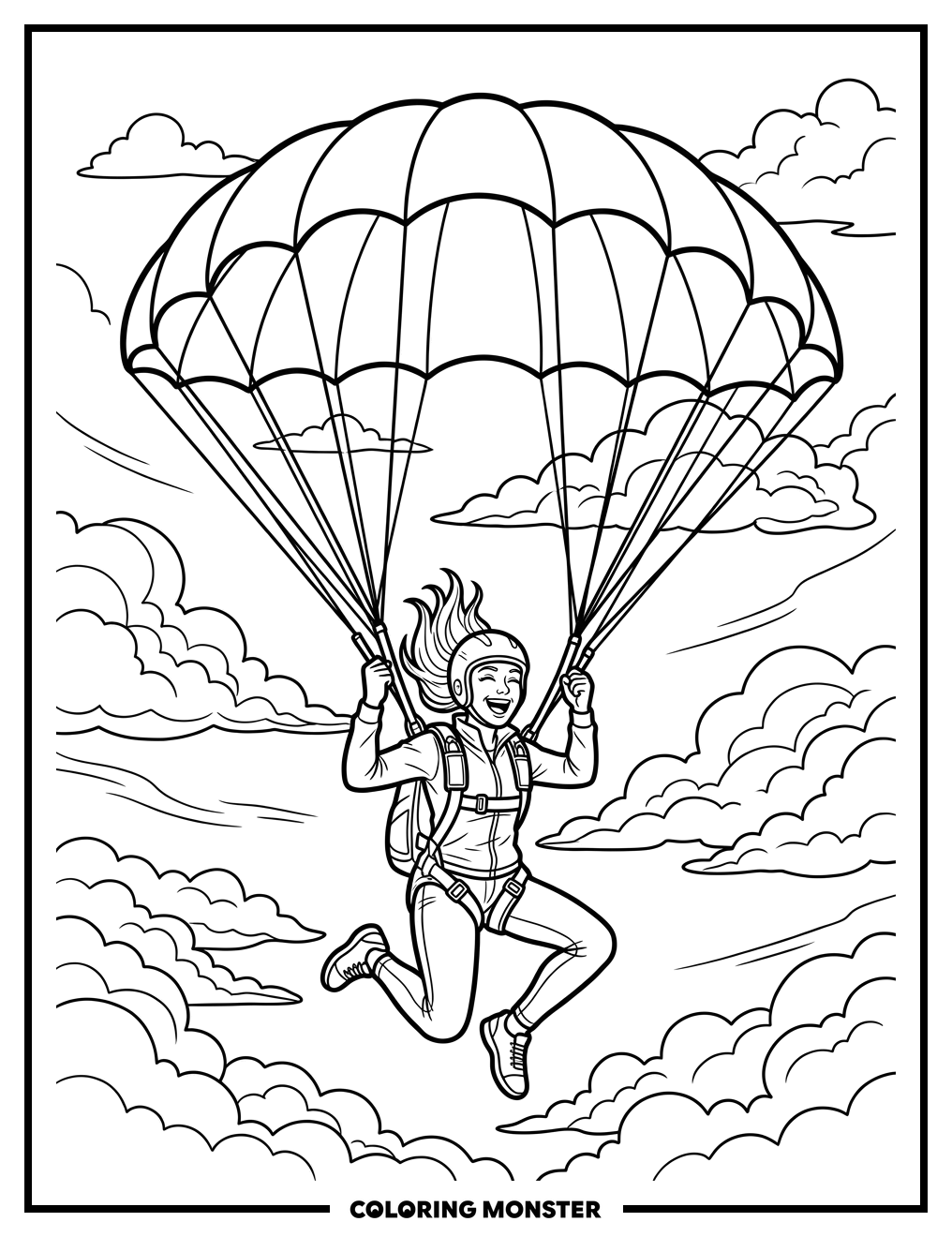 Joyful Parachutist Descending Through Clouds Coloring Page