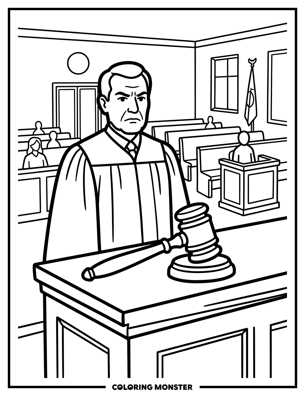 Judge and Gavel in Courtroom Coloring Page