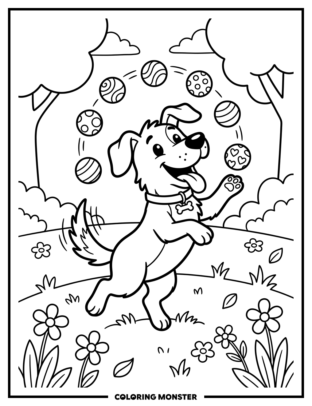 Juggling Dog in the Park Coloring Page