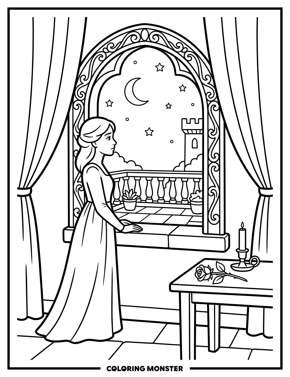 Juliet Gazing From Ornate Window Coloring Page