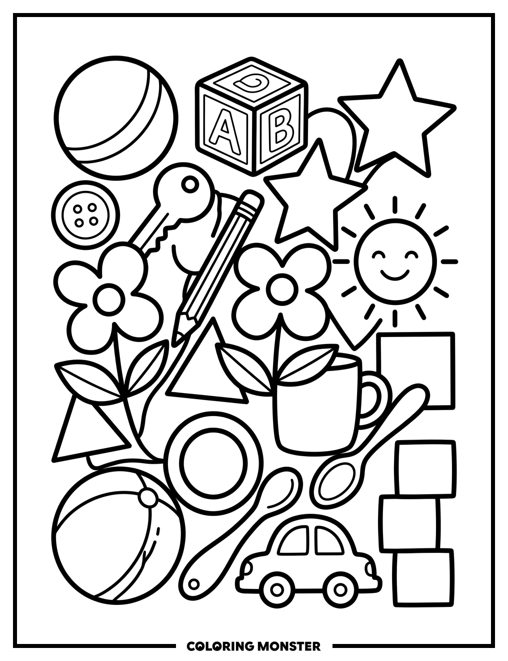 Jumbled Playtime Objects Coloring Page