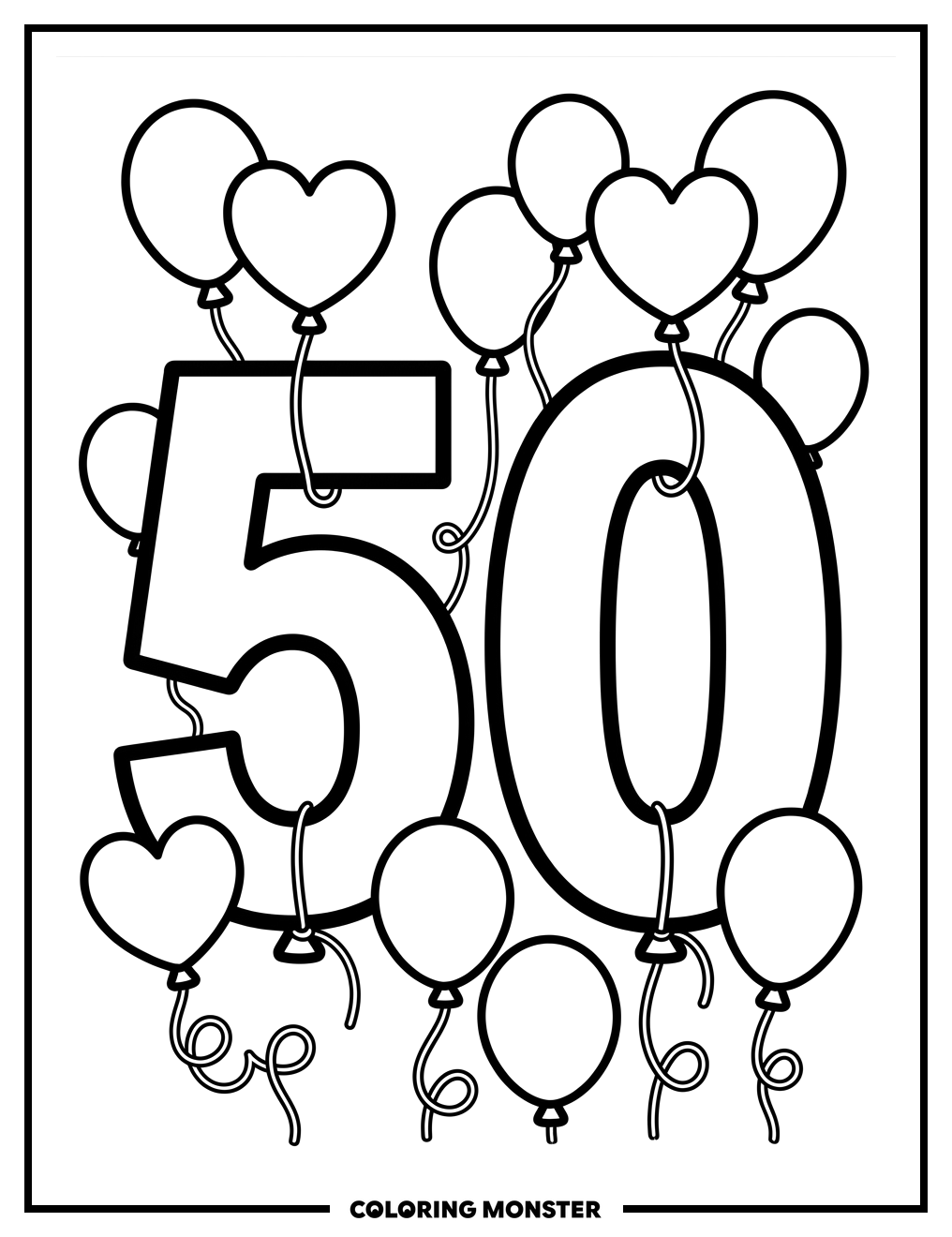 Jumbo Number Fifty With Balloons Coloring Page