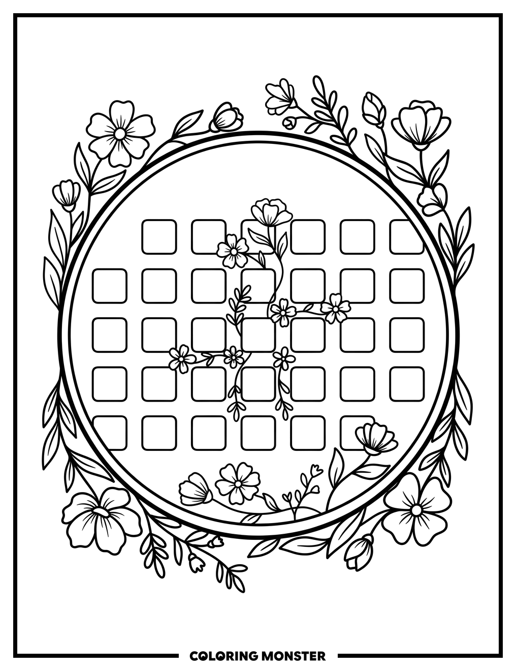 June Calendar with Floral Border Coloring Page