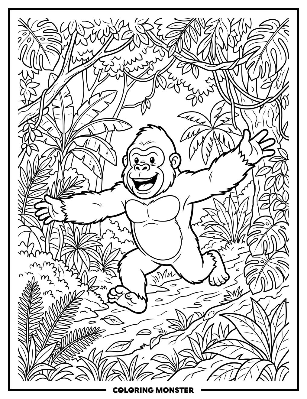 Jungle Gorilla Running Fast Coloring Page