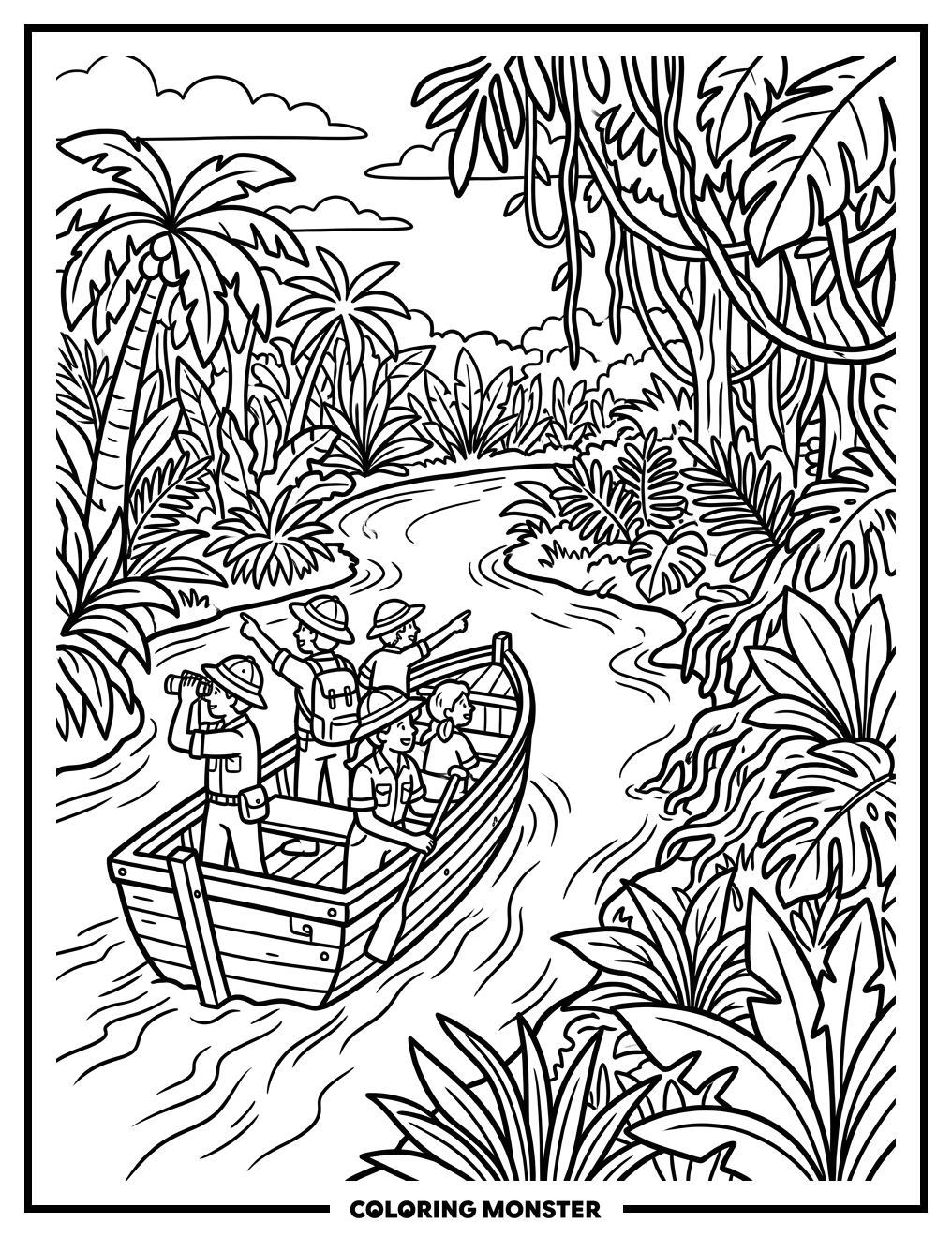 Jungle River Boat Adventure Coloring Page