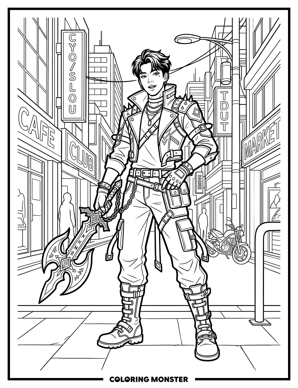 K-Pop Demon Hunter in City Night Coloring Page