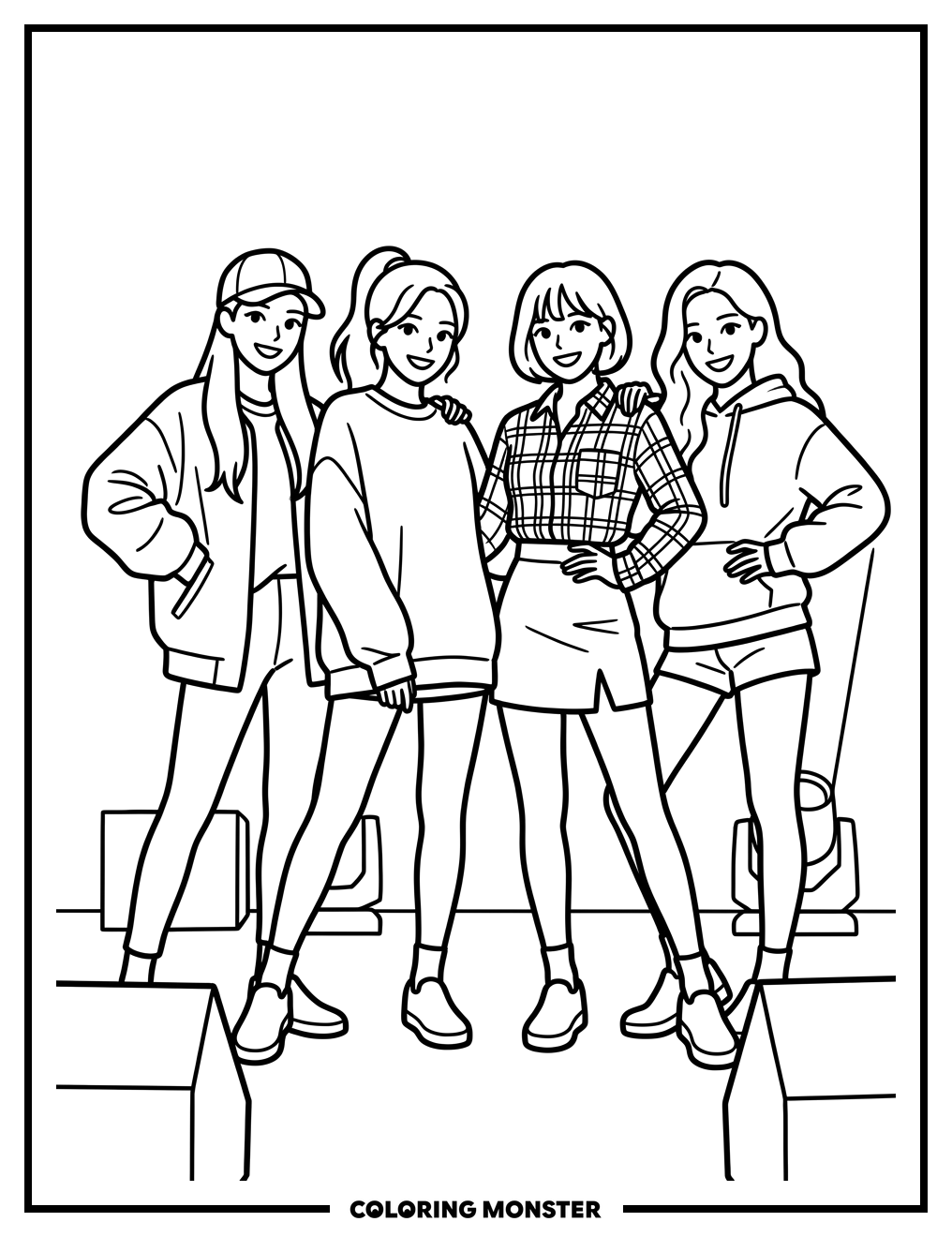 K-Pop Group Posing on Stage Coloring Page