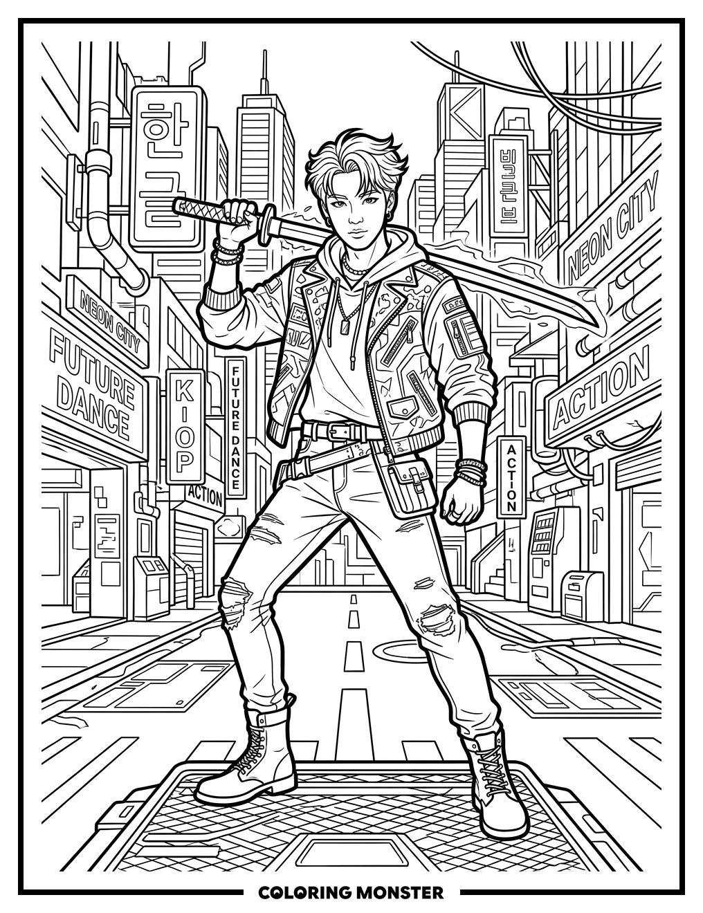 K-Pop Idol With Glowing Sword Coloring Page