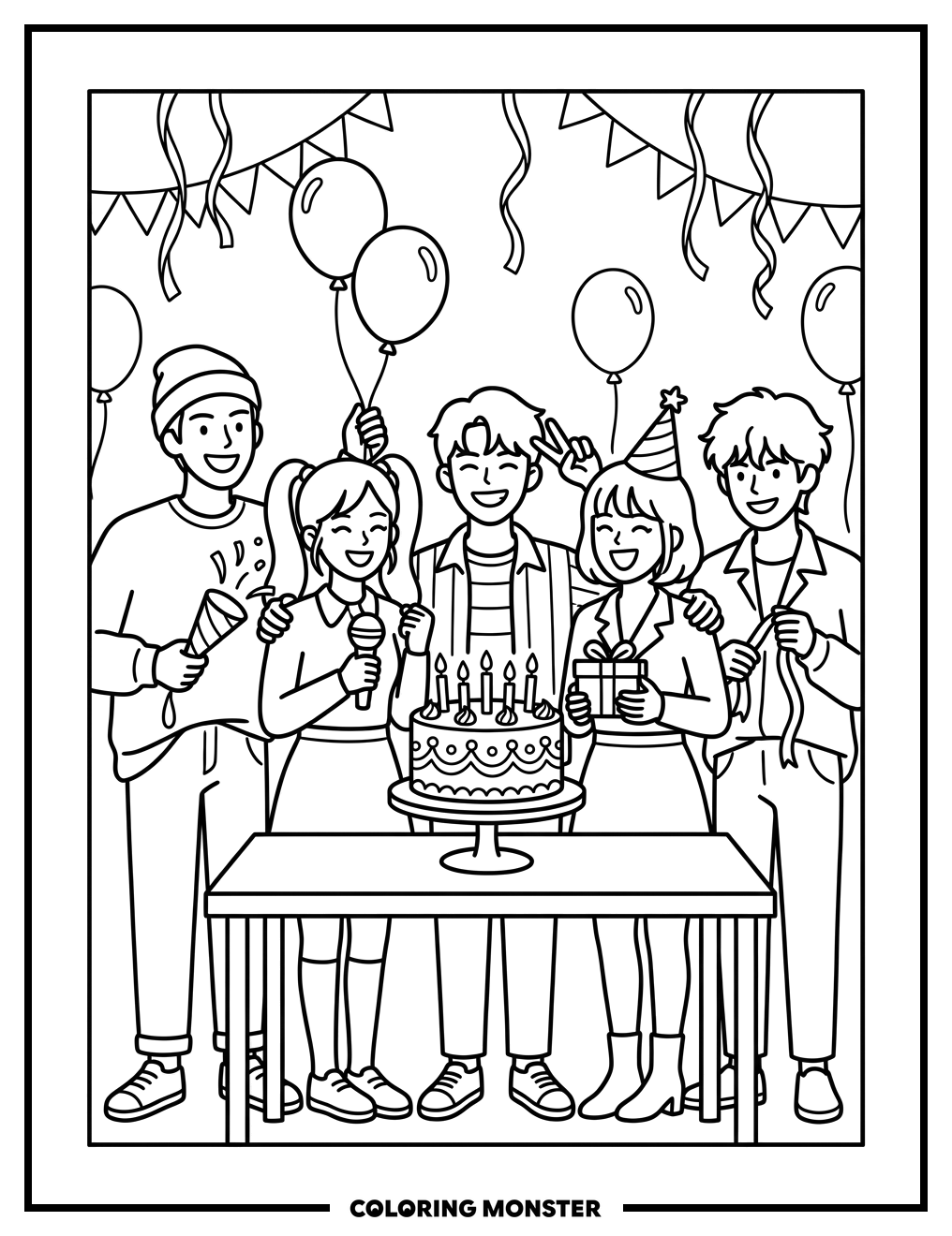 K-Pop Idols Celebrate With Cake Coloring Page