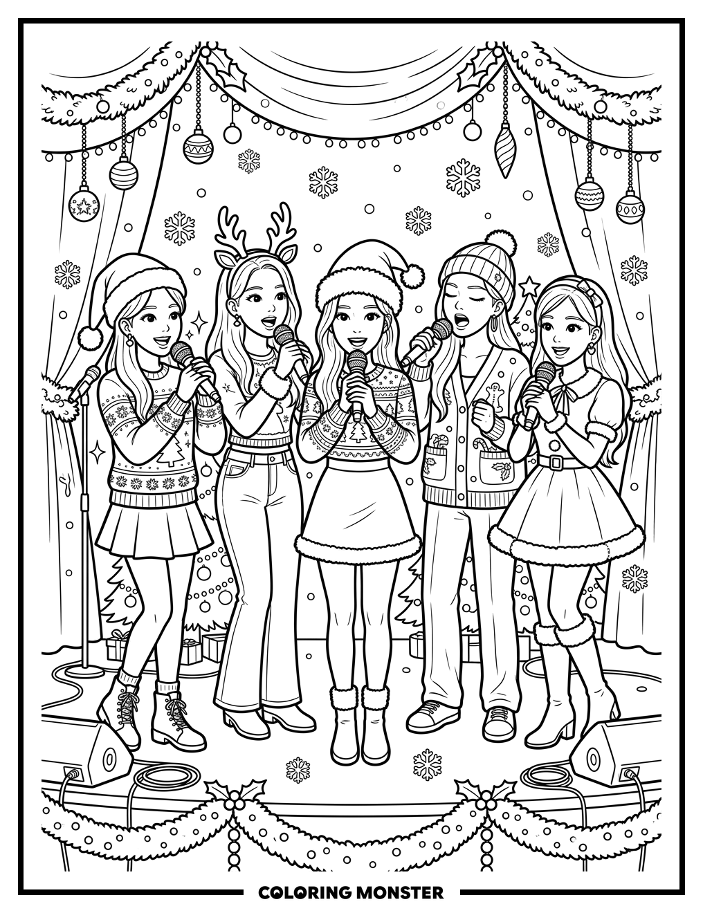 K-Pop Idols Sing Christmas Carols Coloring Page