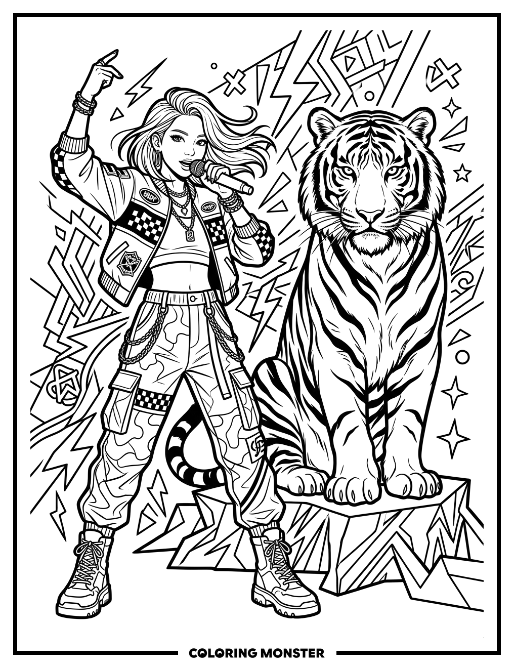 K-Pop Star and Majestic Tiger Pose Coloring Page