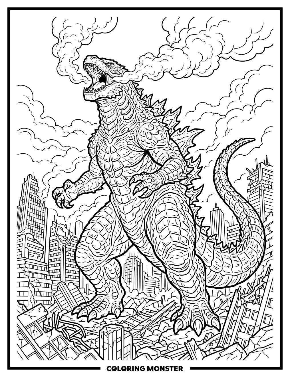 Kaiju Roaring Over Ruined City Coloring Page