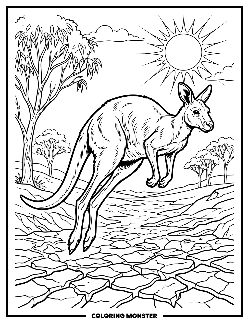 Kangaroo Mid-Leap Over Cracked Earth Coloring Page