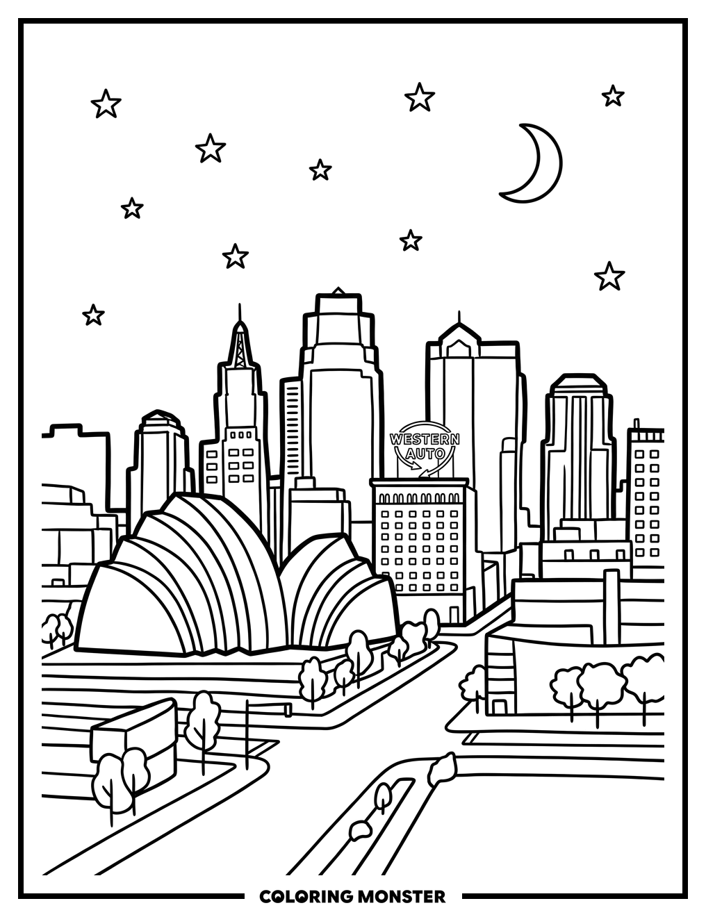 Kansas City Skyline at Twilight Coloring Page
