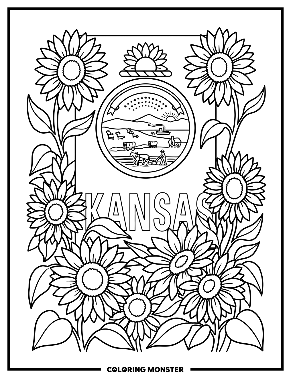 Kansas Flag With Sunflowers Coloring Page