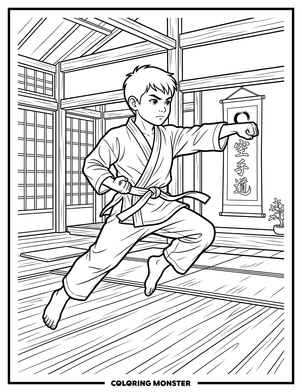Karate Kid Punches Mid-Air Coloring Page