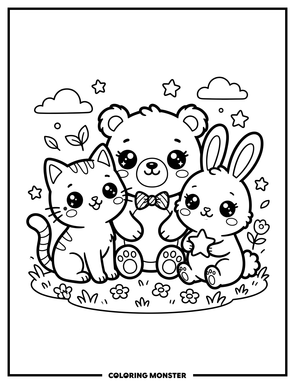 Kawaii Animals Gathering Together Coloring Page