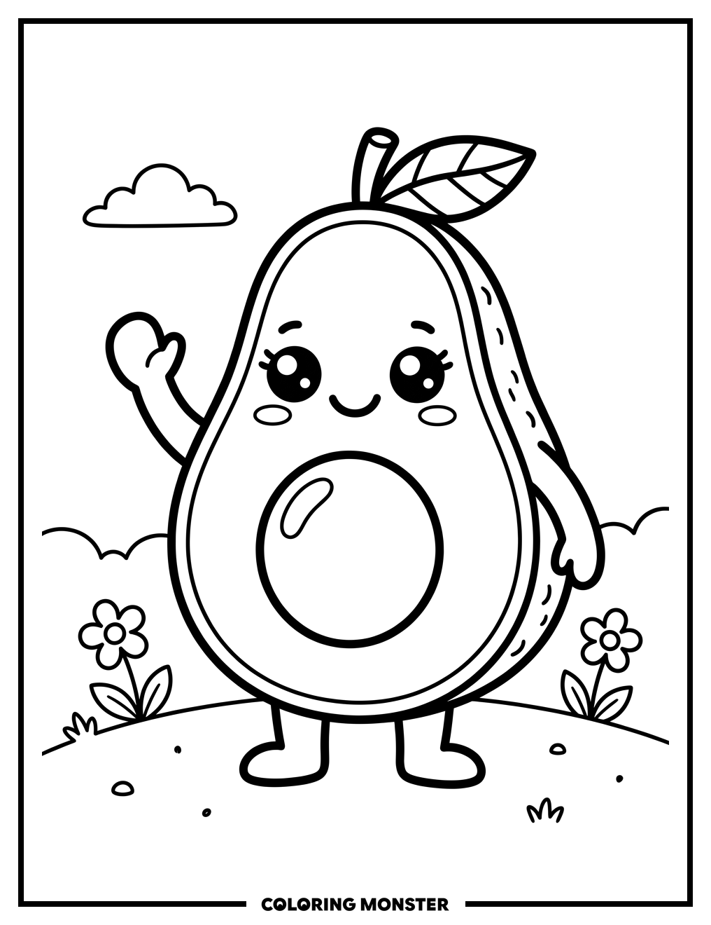 Kawaii Avocado Waving Coloring Page