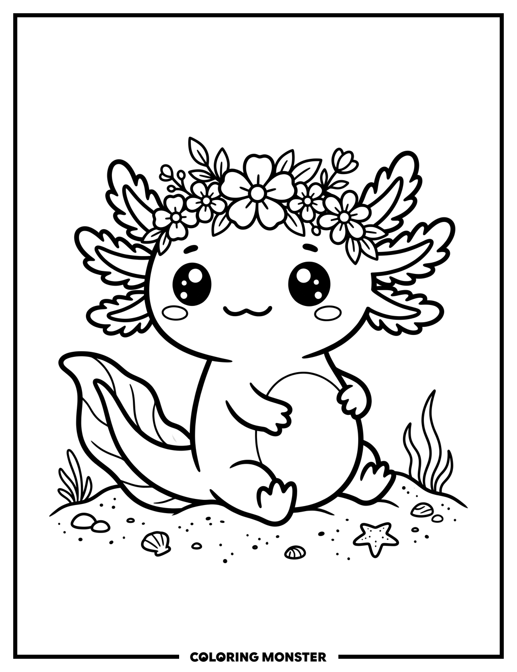 Kawaii Axolotl With Flower Crown Coloring Page