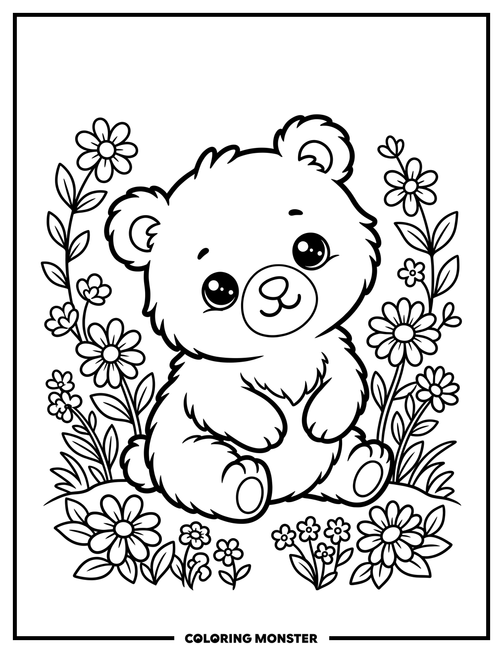 Kawaii Bear Cub with Wildflowers Coloring Page