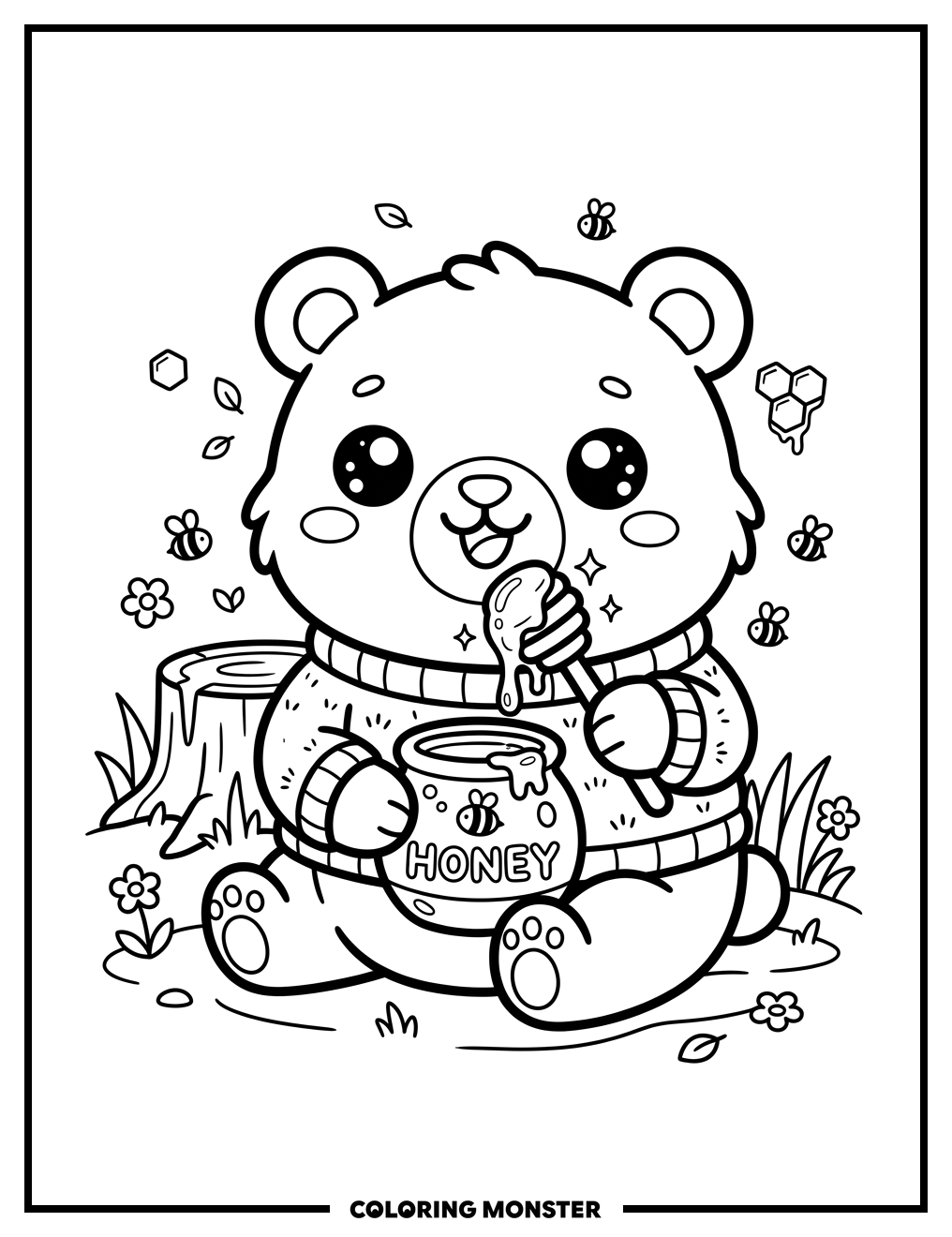 Kawaii Bear Eating Honey Coloring Page