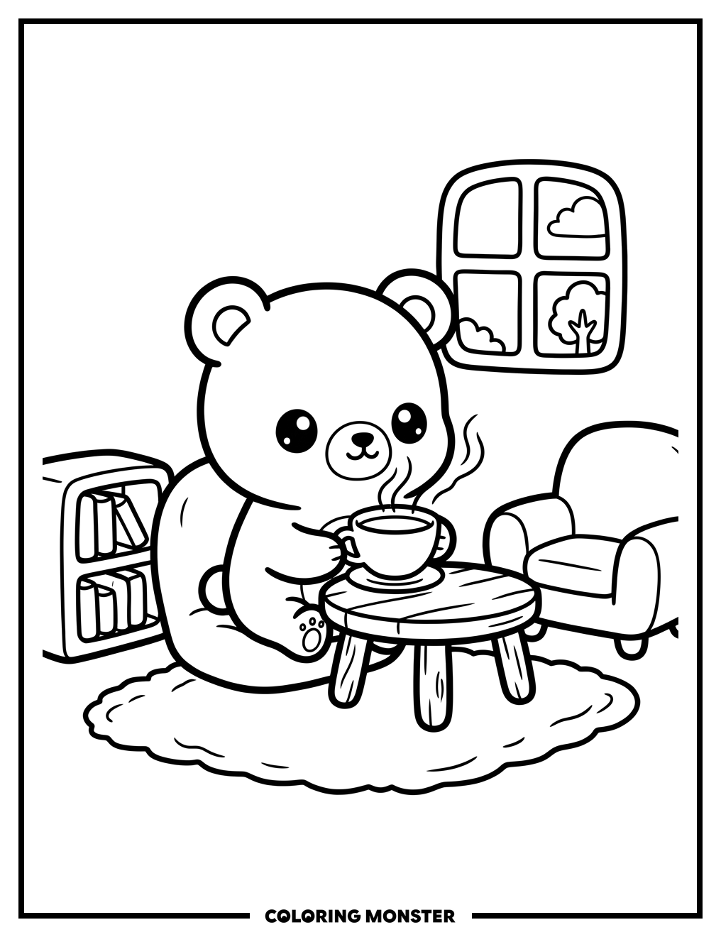 Kawaii Bear Having Tea Coloring Page