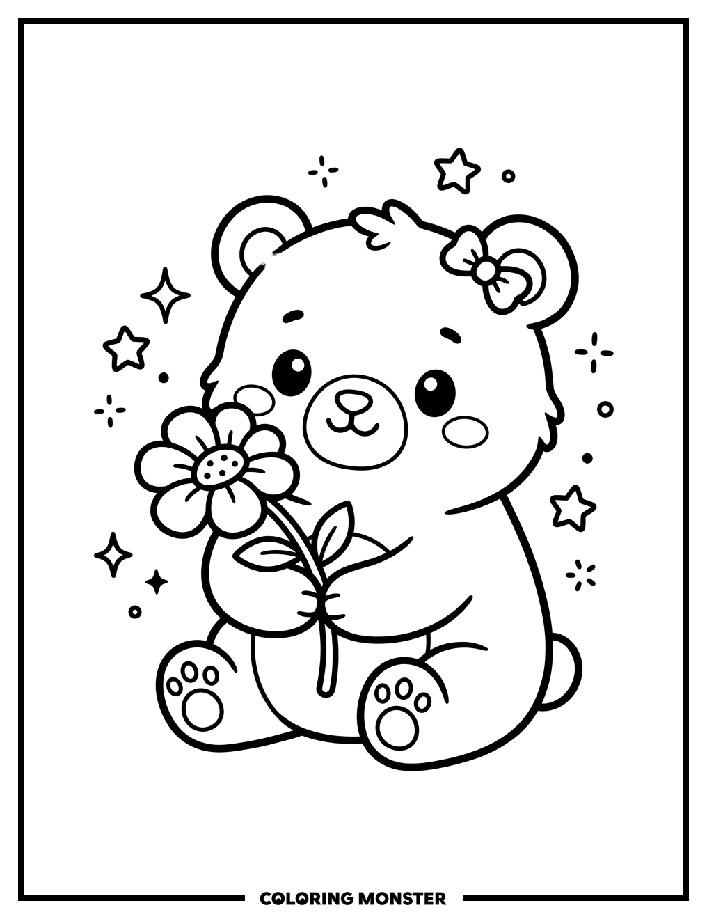 Kawaii Bear Holding Flower Coloring Page