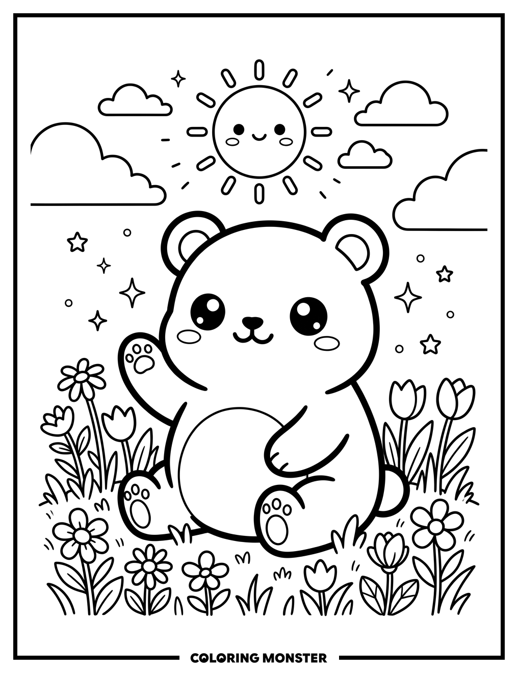 Kawaii Bear Waving Hello Coloring Page