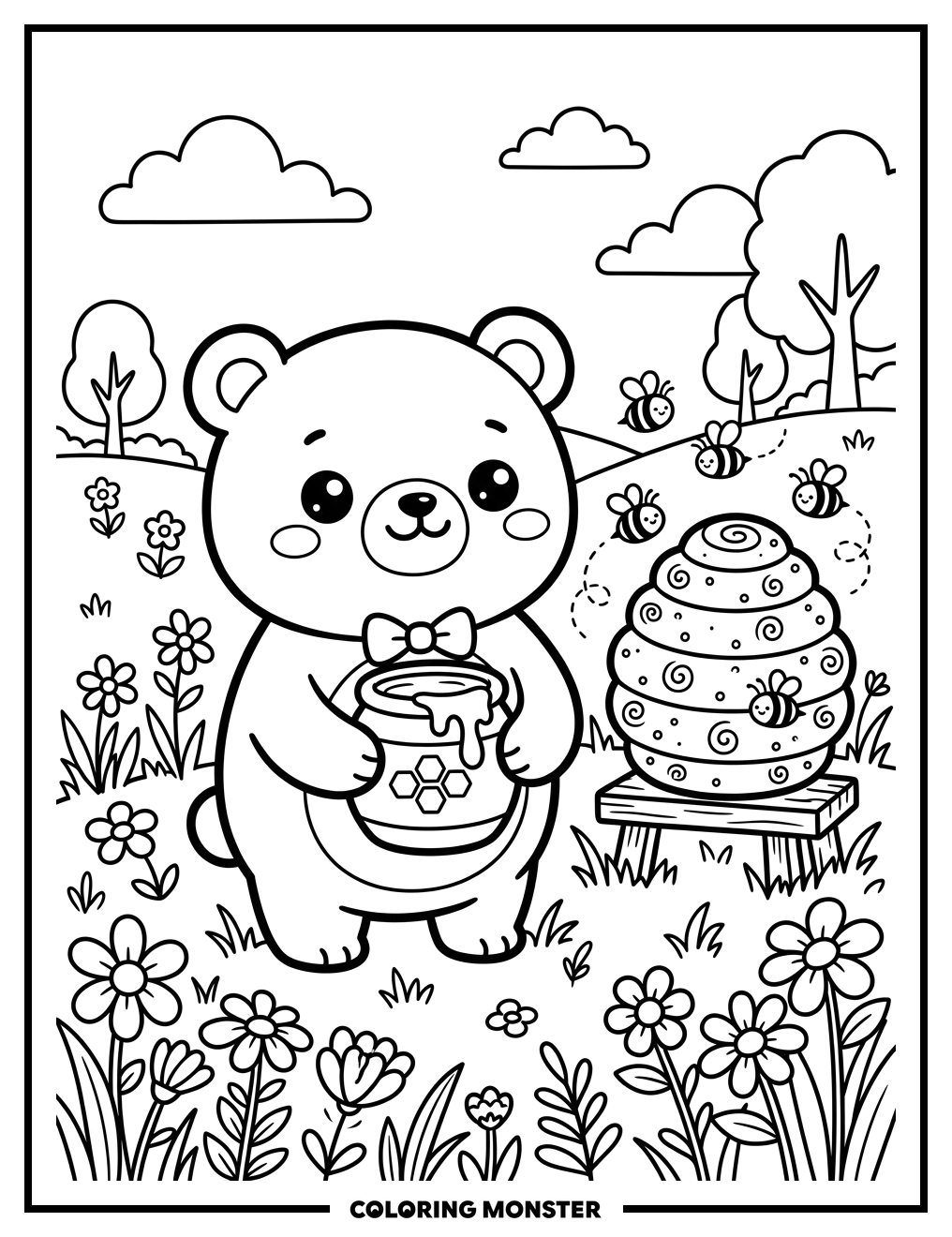 Kawaii Bear With Honey Pot Coloring Page