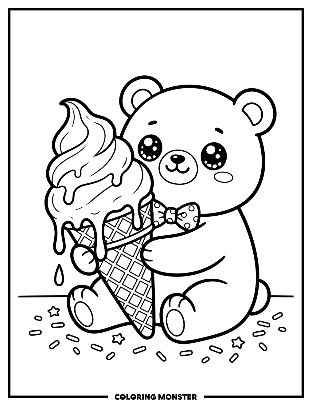 Kawaii Bear With Ice Cream Cone Coloring Page
