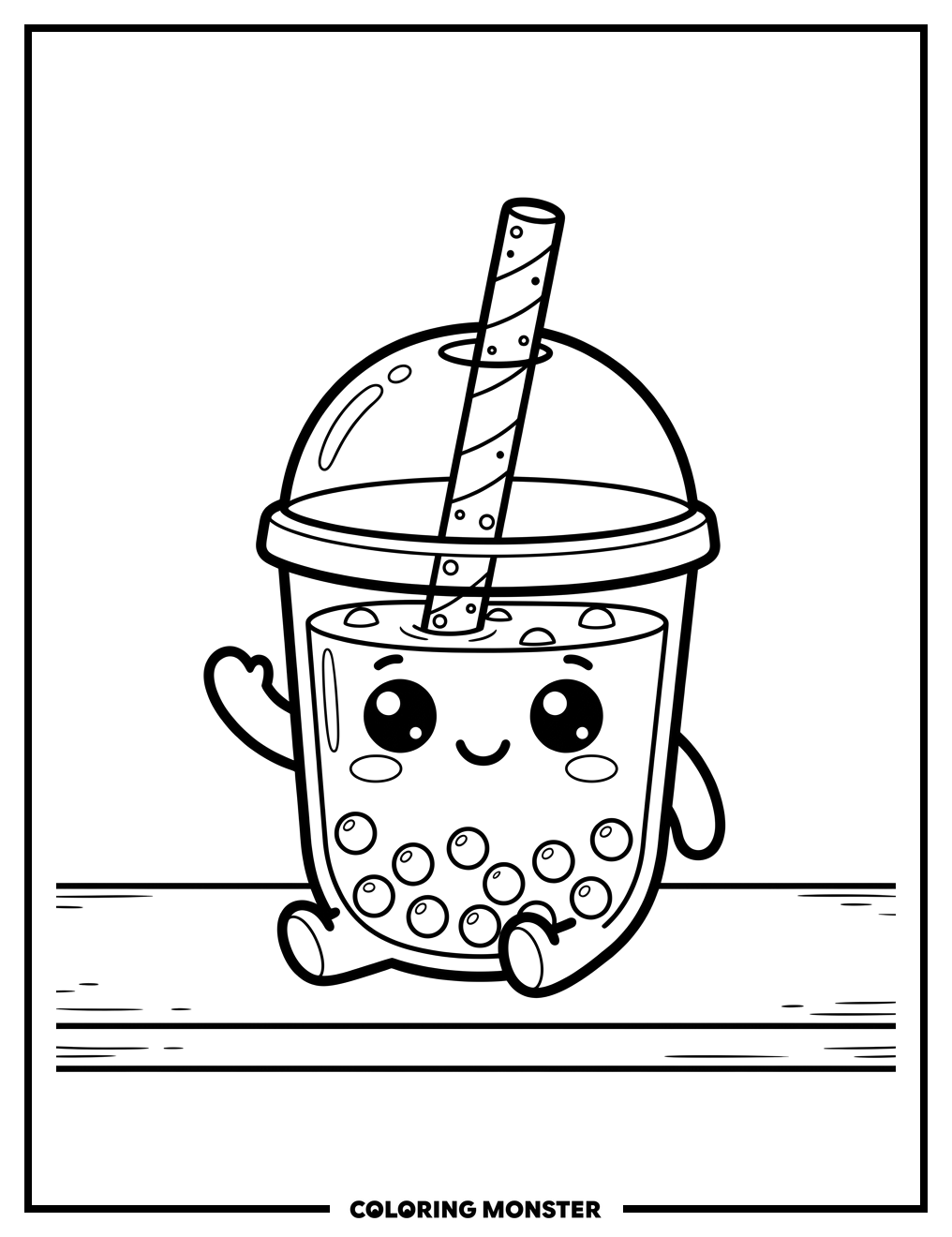 Kawaii Boba Tea Cup Waving Coloring Page