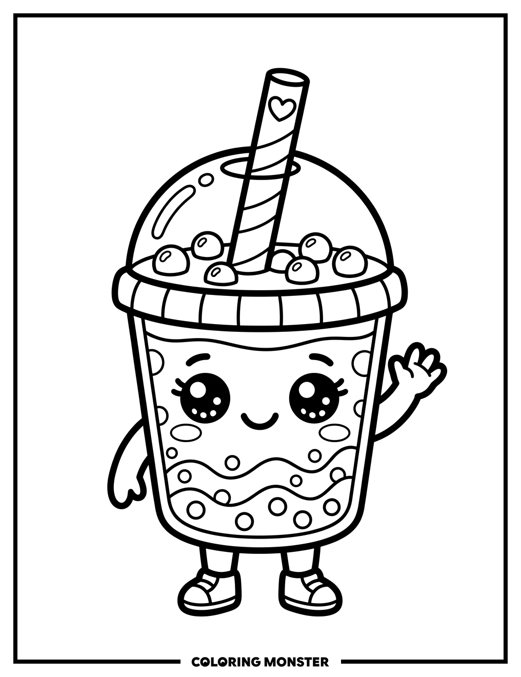 Kawaii Boba Tea Cup Waving Hello Coloring Page