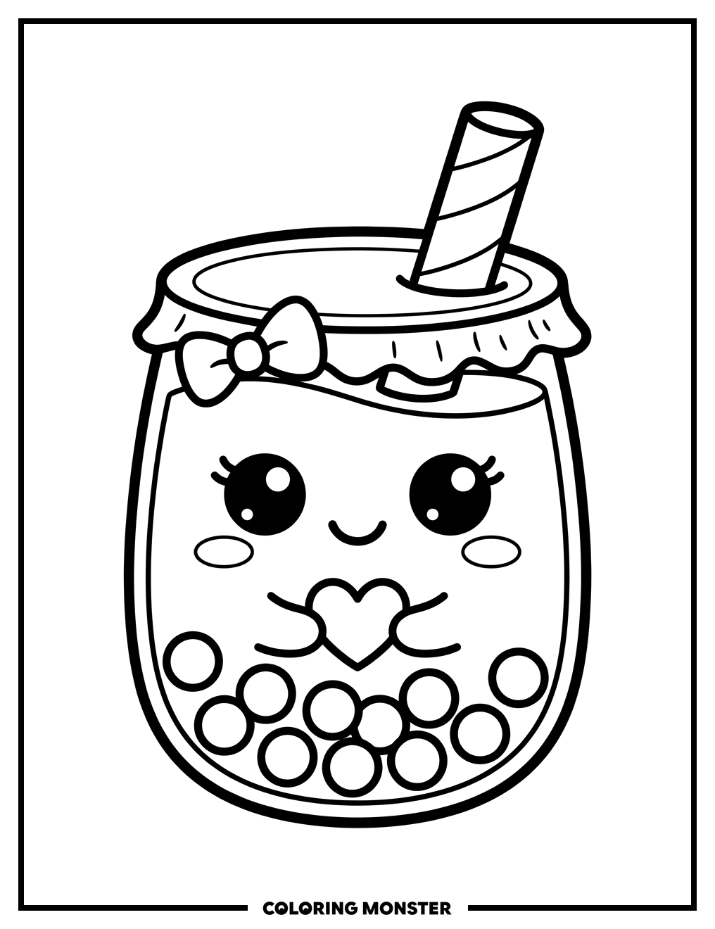 Kawaii Boba Tea Cup With Heart Coloring Page