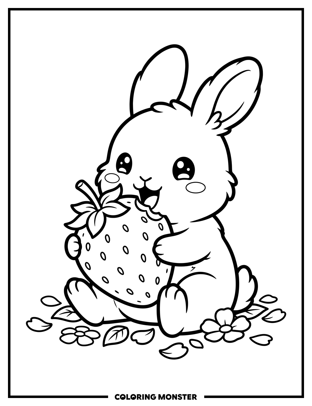 Kawaii Bunny Eating Strawberry Coloring Page