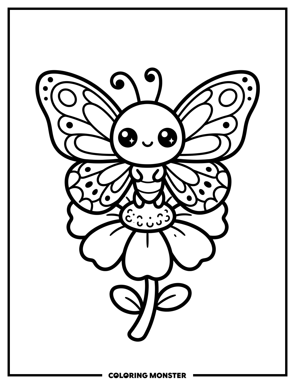 Kawaii Butterfly on Flower Coloring Page