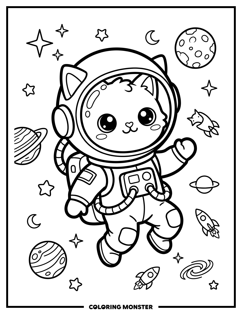 Kawaii Cat Astronaut Coloring Page