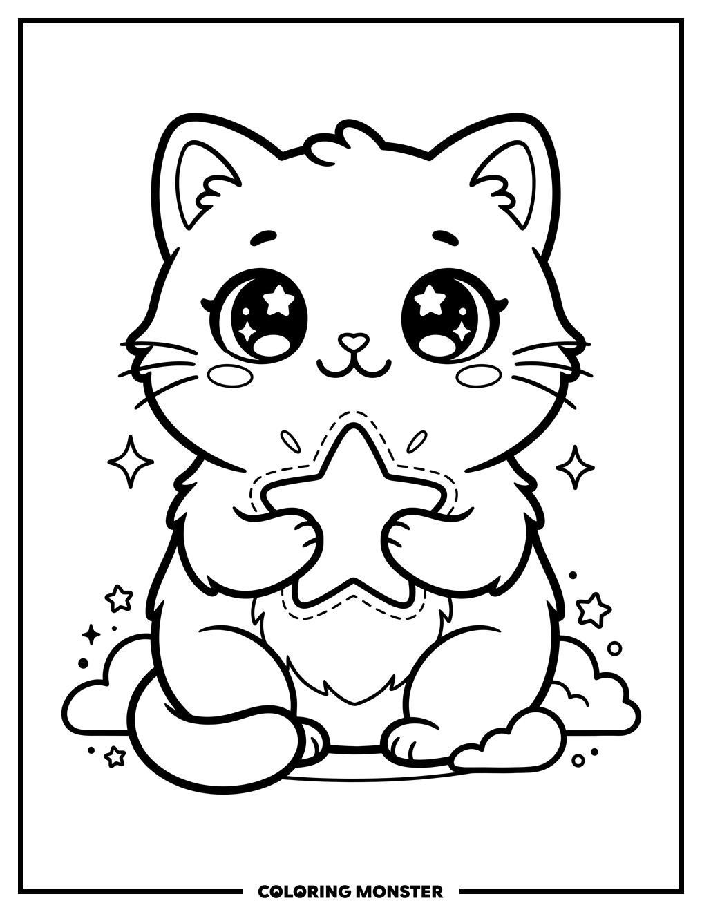Kawaii Cat Holding a Star Coloring Page