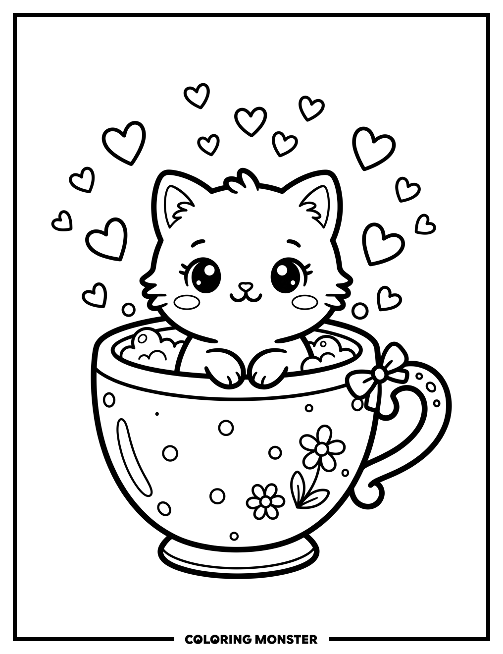 Kawaii Cat In A Teacup Coloring Page