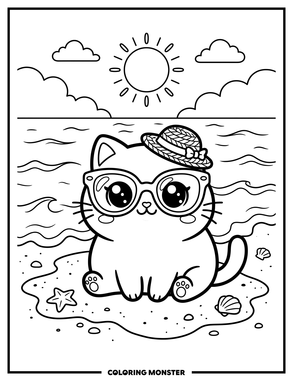 Kawaii Cat on Sandy Beach Coloring Page