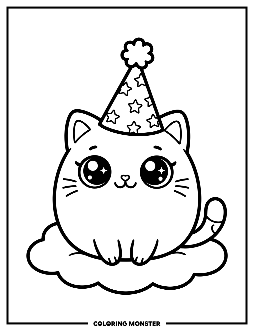 Kawaii Cat Wearing Party Hat Coloring Page