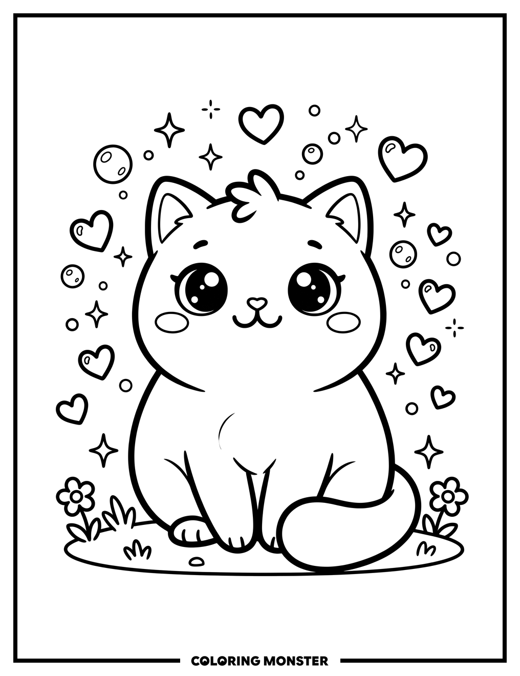 Kawaii Cat with Hearts and Stars Coloring Page