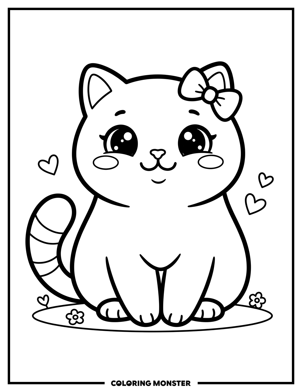 Kawaii Cat With Pink Bow Coloring Page