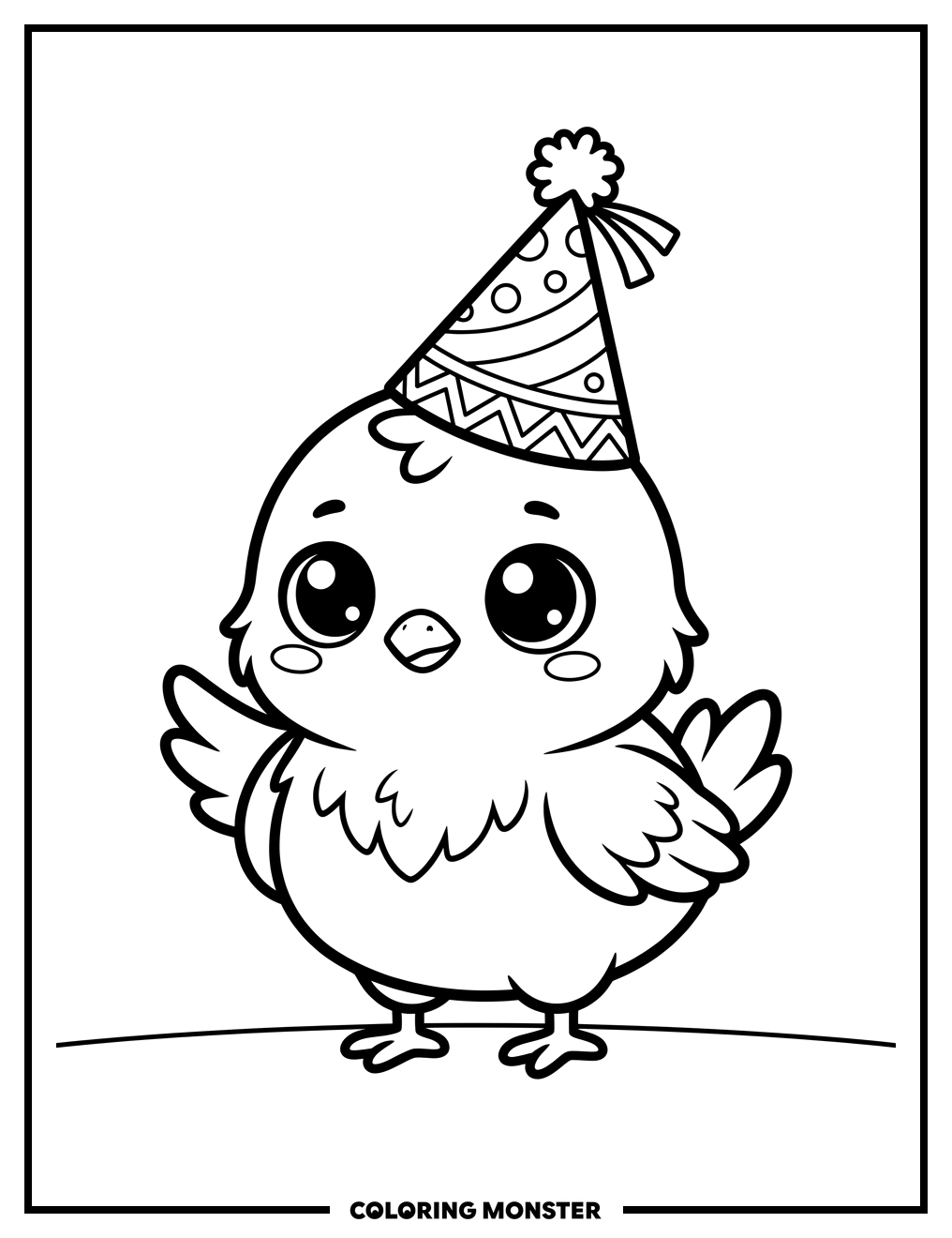Kawaii Chibi Chicken Wearing Party Hat Coloring Page