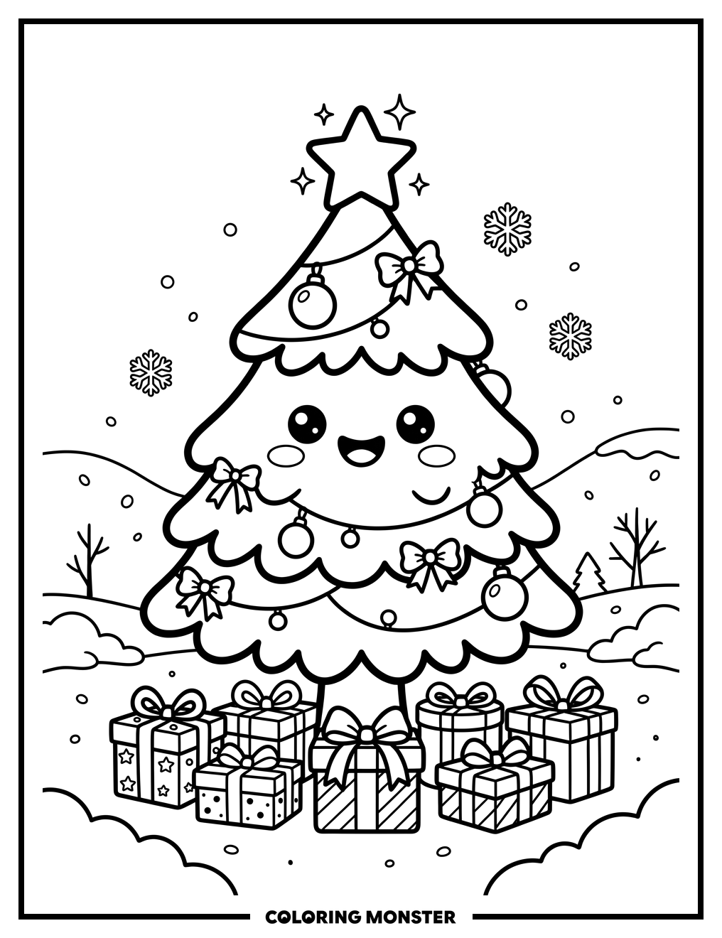 Kawaii Christmas Tree with Gifts Coloring Page
