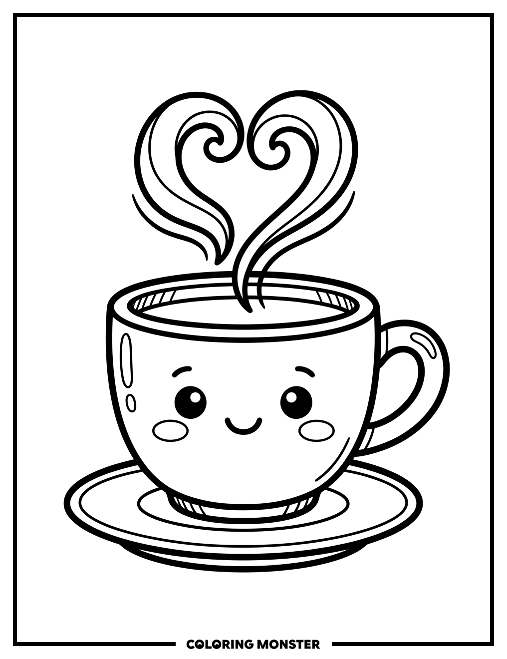 Kawaii Coffee Cup with Heart Steam Coloring Page