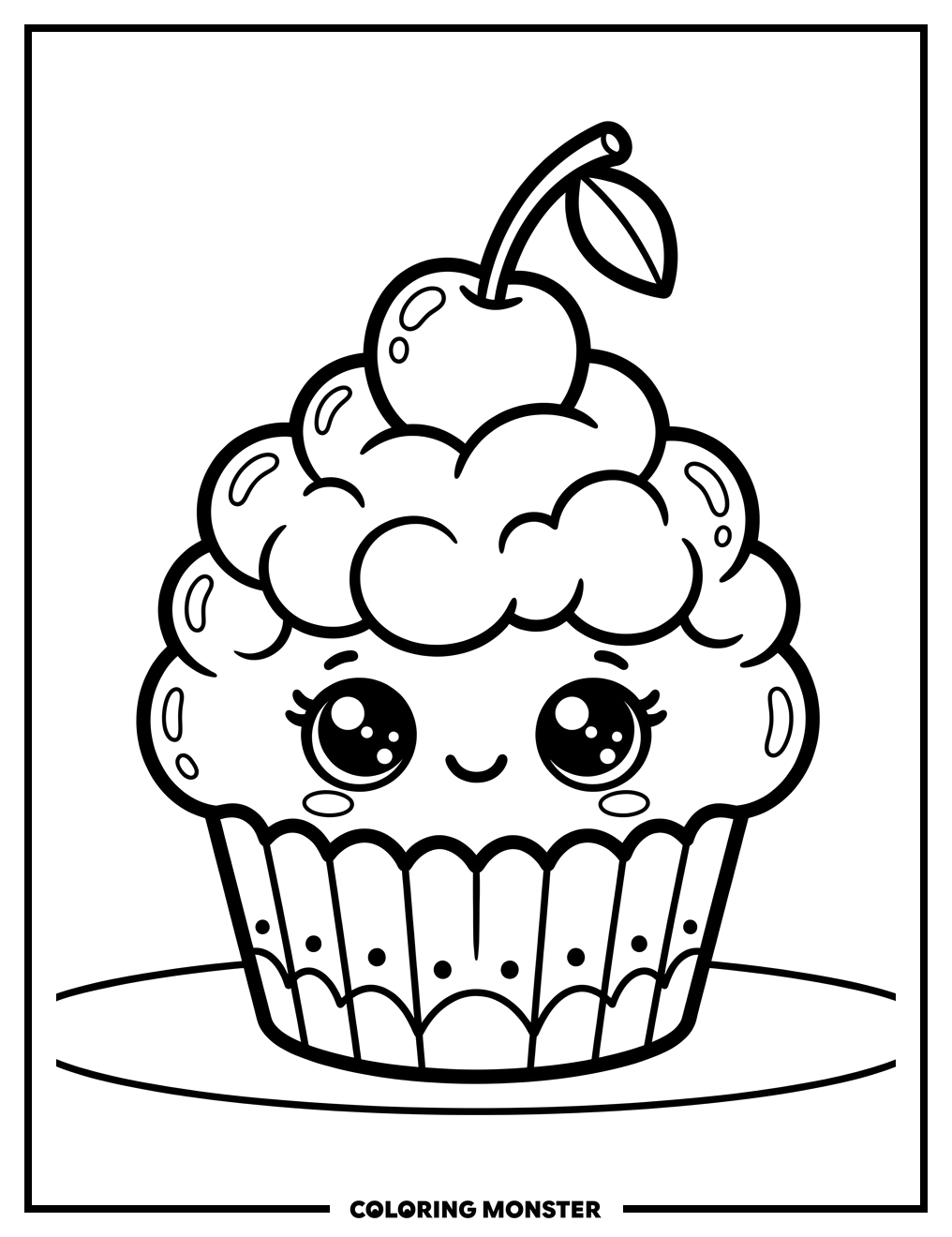 Kawaii Cupcake with Cherry Coloring Page