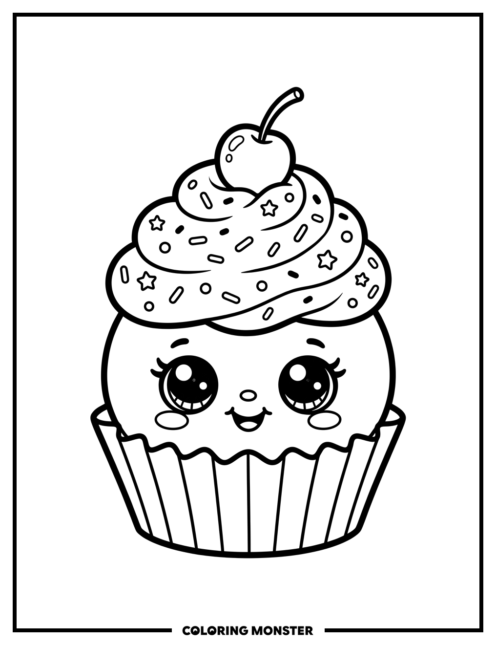 Kawaii Cupcake with Sprinkles Coloring Page